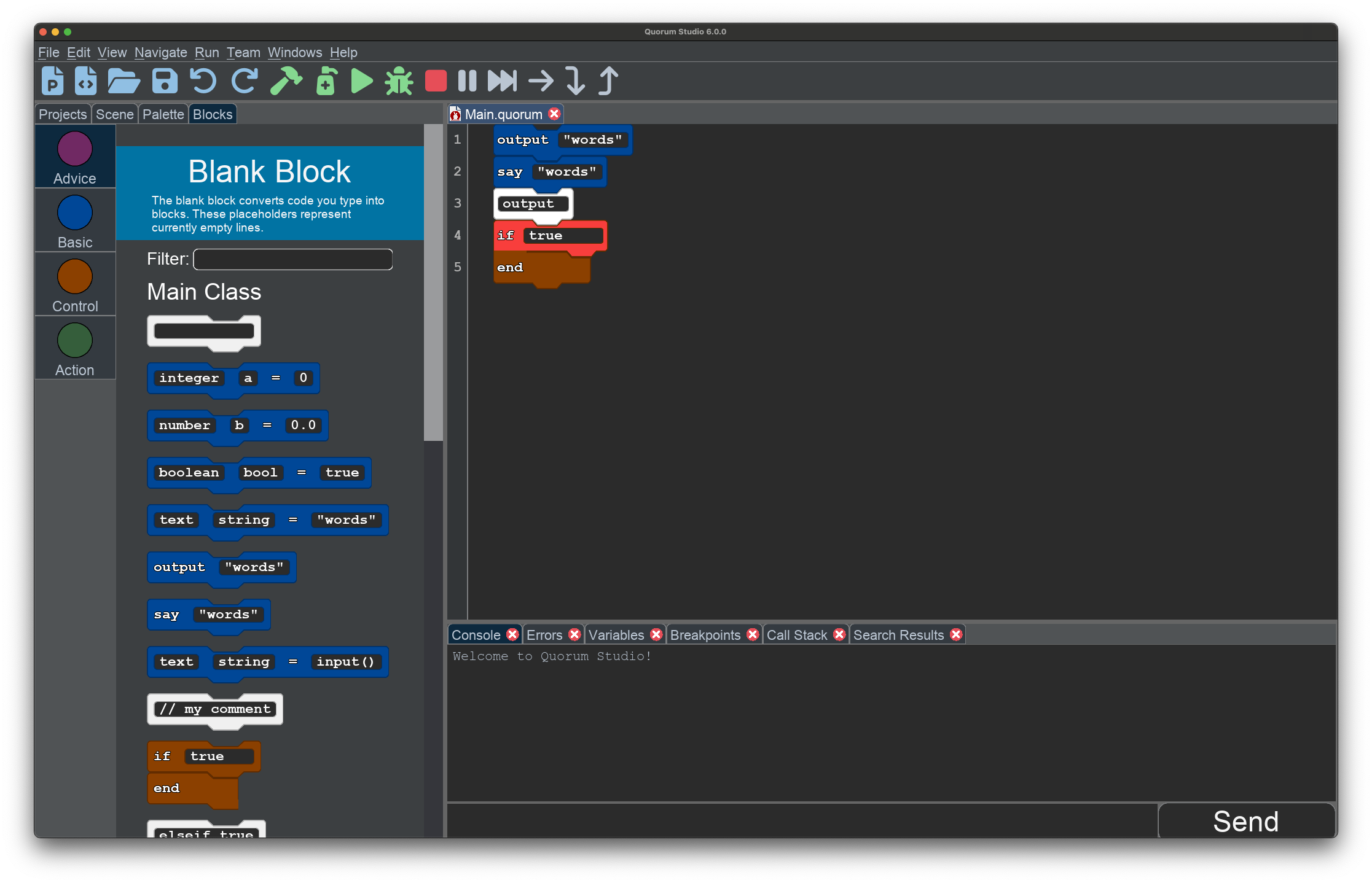 This shows a blank block with the word output. The error is technically on the next line because the programming language does not know what output if means. 